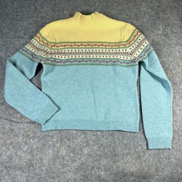 J Crew Sweater Womens Large Fair Isle Lambswool Turtle Mock Neck Pastel Flaws - Picture 1 of 8